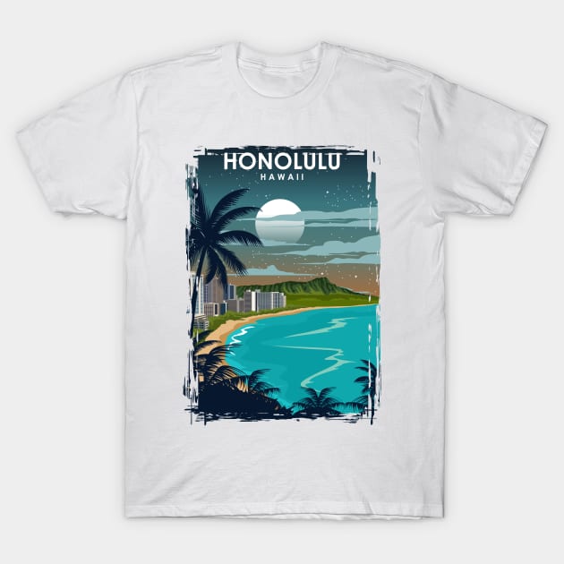 Honolulu Hawaii Travel Poster at Night T-Shirt by jornvanhezik